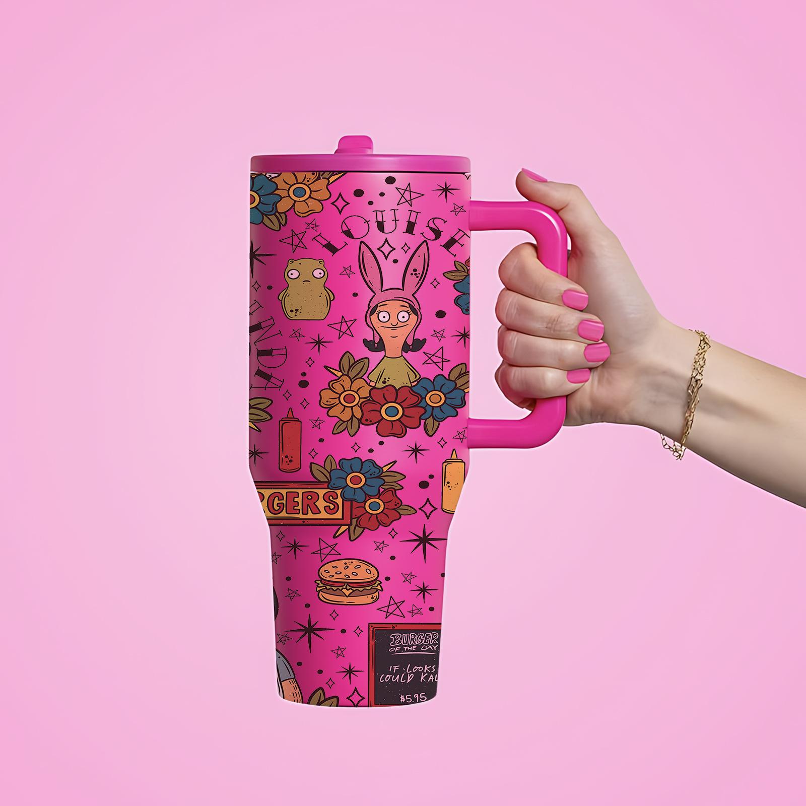 1 PC 40oz Leakproof Insulated Tumbler With Handle And Lid, Double Wall Stainless Steel Travel Mug, Leak Proof, Keeps Drinks Hot 12H Cold 24H, Cartoon Burger Family Print Cup, Large Capacity Thermal Mug, Flasks For Iced Coffee, Water, Gifts For Women Men