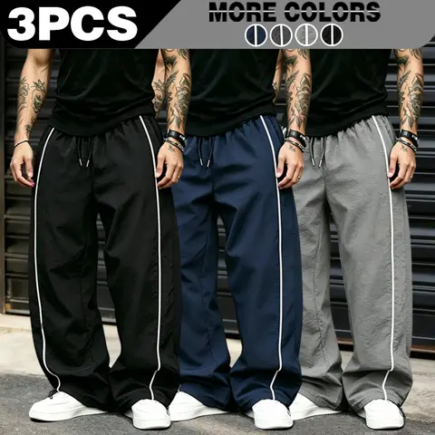 Men's lightweight, breathable, reflective printed wide-leg pants with adjustable leg openings and drawstrings, elastic waist, casual pants suitable for outdoor sports, fitness, campus commuting, street fashion, and versatile long pants
