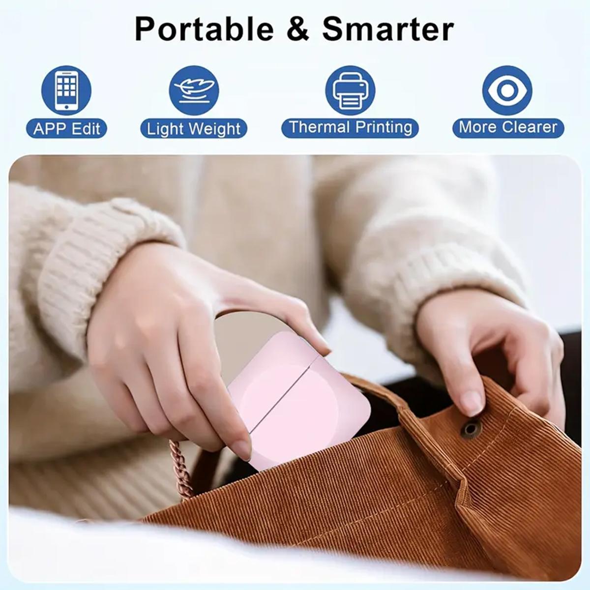 Portable Mini Printer, Thermal Inkless Sticker Maker, Inkless Label Printer with 5 Rolls of Color Stickers, Suitable For Photos, Diaries, Notes, And Memos, Compatible with iOS & Android, Portable Thermal Printers
