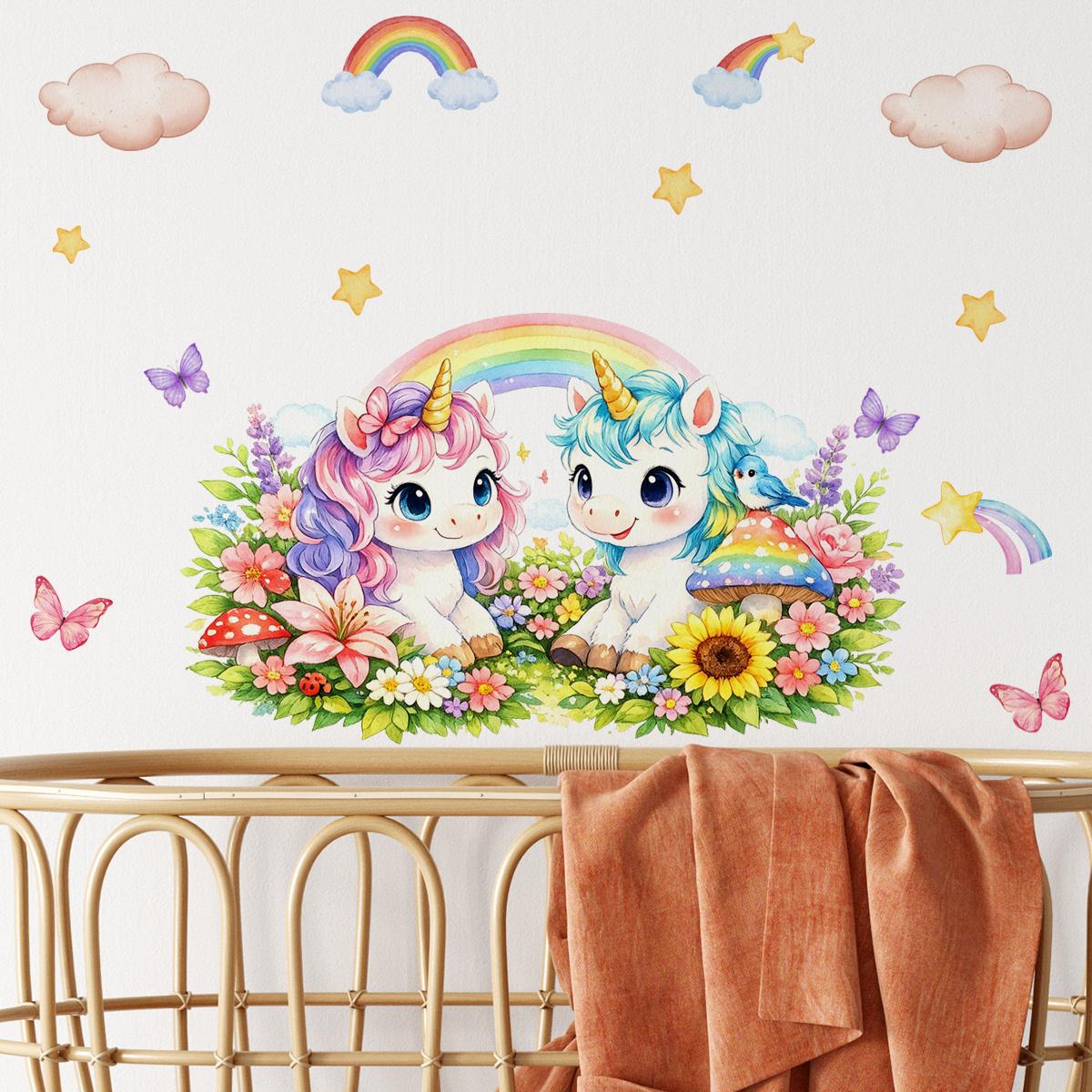 1Pc (30*60cm) Macaron Dreamy Unicorn Wall Sticker, Rainbow Butterfly Wall Decals for Kids Bedroom Decorations Living Room Decor