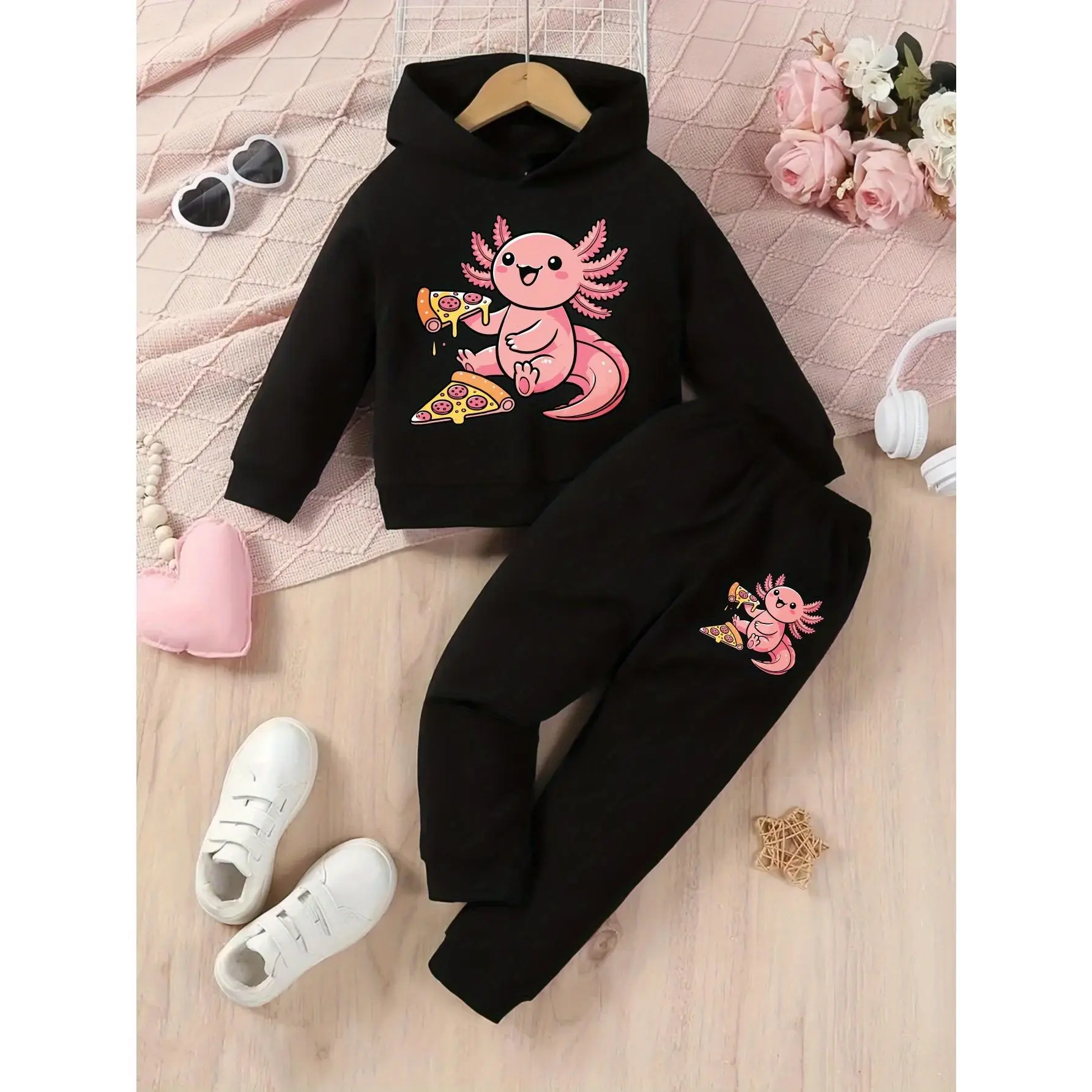 Girls' Cute Axolotl Eating Pizza Print Hoodie & Pants Set - Cozy Grey Sweatshirt & Grey Joggers with Pink Mexican Salamander Design, Soft Casual Outfit for Fall/Winter Playtime & Casual Attire, Cute Animal Print Clothes for Girls (Easy-Care Fabric)