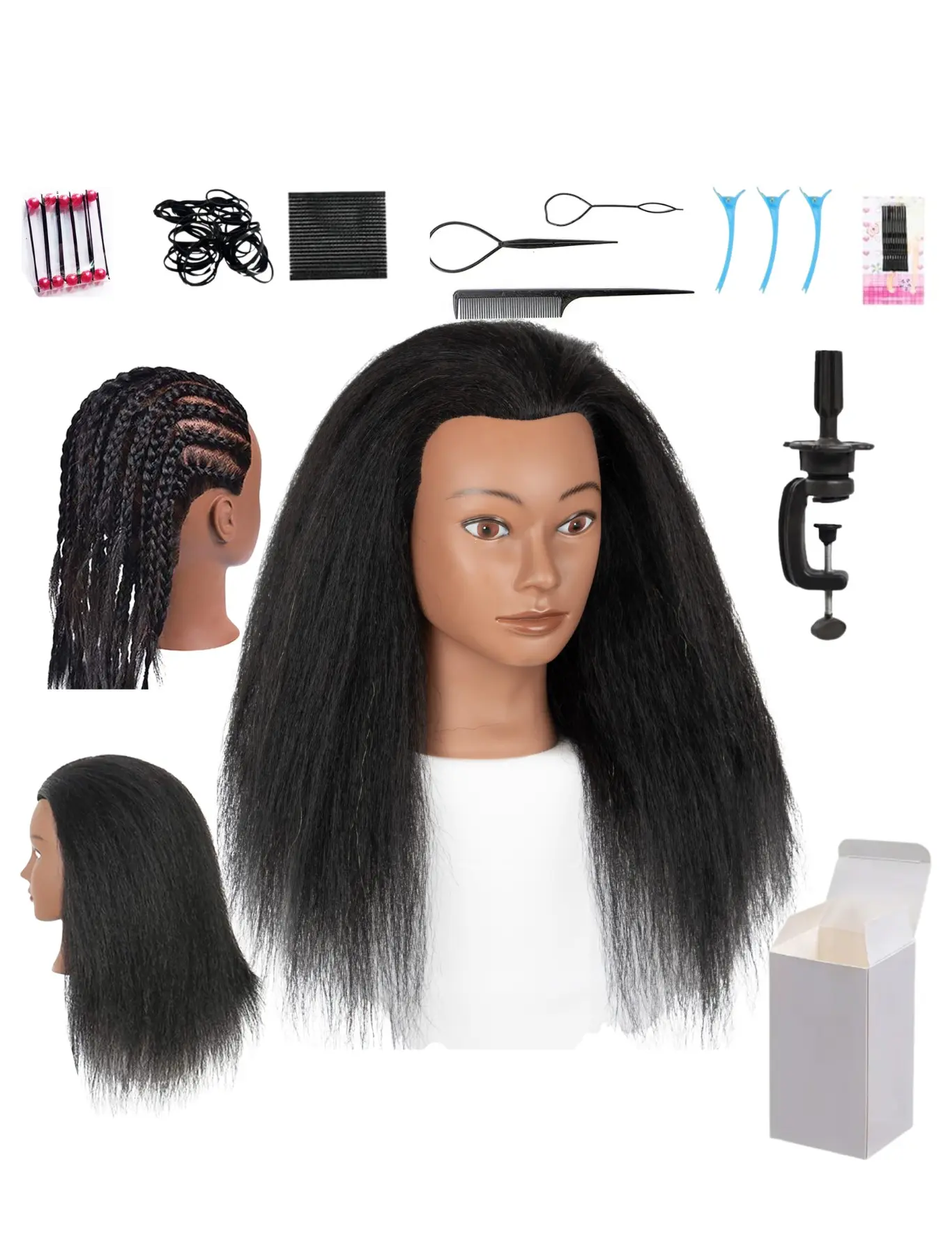 100% Human Hair Yaki Straight Mannequin Head 16-20 Inch Dark Skin Manikin Training Head With Full Braiding Accessories For Beginners Practicing Cornrows Twist Hairstyles