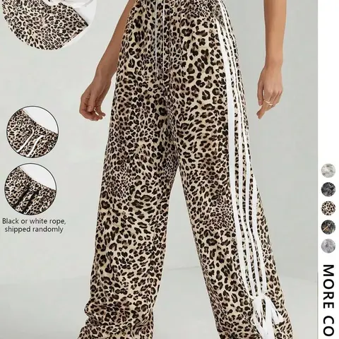 Women's Leopard Print Tie Side Adjustable Wide Leg Oversized Loose Fit Pants, Casual Comfy Trousers for Daily Wear, Ladies Bottoms for All Seasons, Womenswear