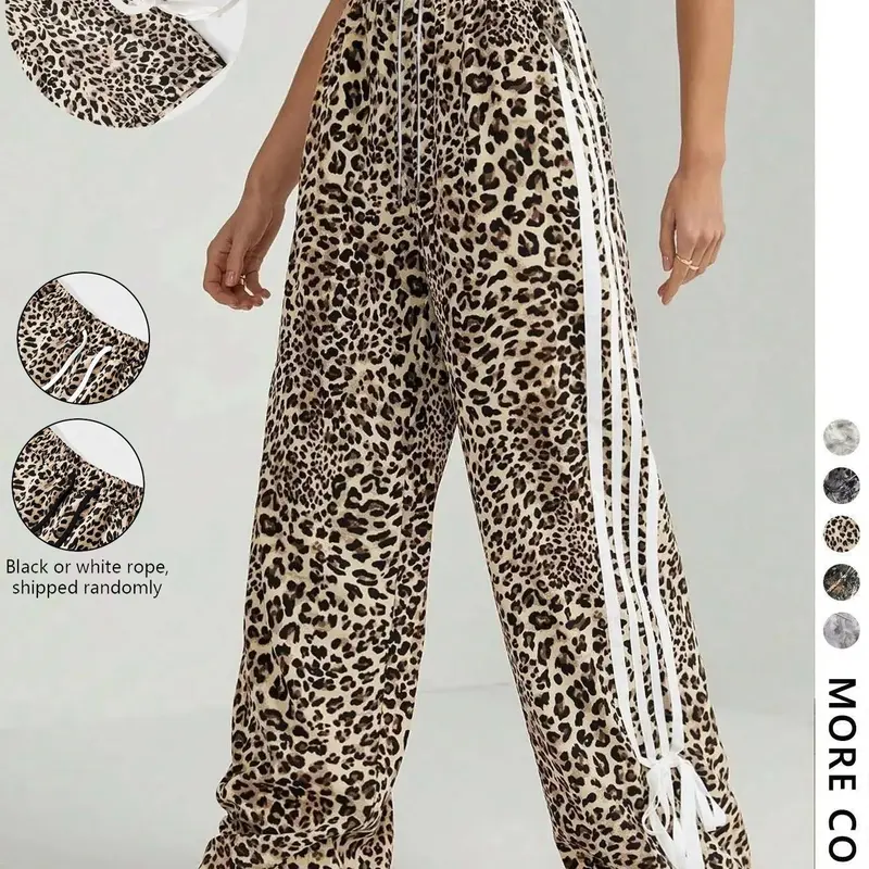 Women's Leopard Print Tie Side Adjustable Wide Leg Oversized Loose Fit Pants, Casual Comfy Trousers for Daily Wear, Ladies Bottoms for All Seasons, Womenswear