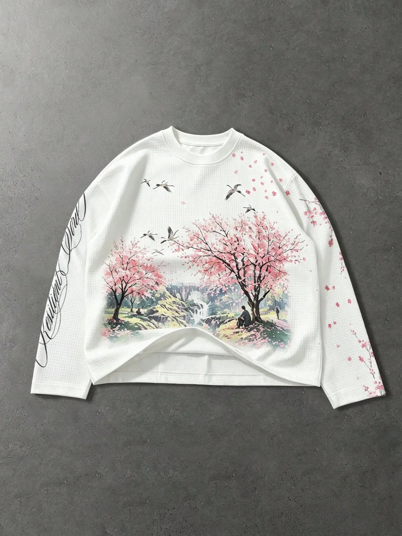 Cherry Blossom Waffle Pattern Trendy Long Sleeve T-Shirt, Stylish Casual Wear, Perfect for Daily, Comfortable and Fashionable