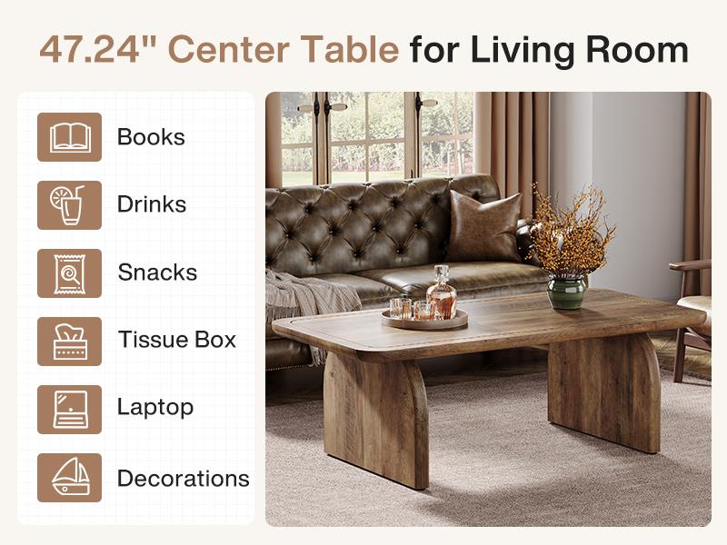 LITTLE TREE Rectangle Coffee Table, 47-Inch Wood Rectangular Living Room Table, Farmhouse Accent Center Low Cocktail Tea Table with Sturdy Base & Rounded Corners, Easy Assembly