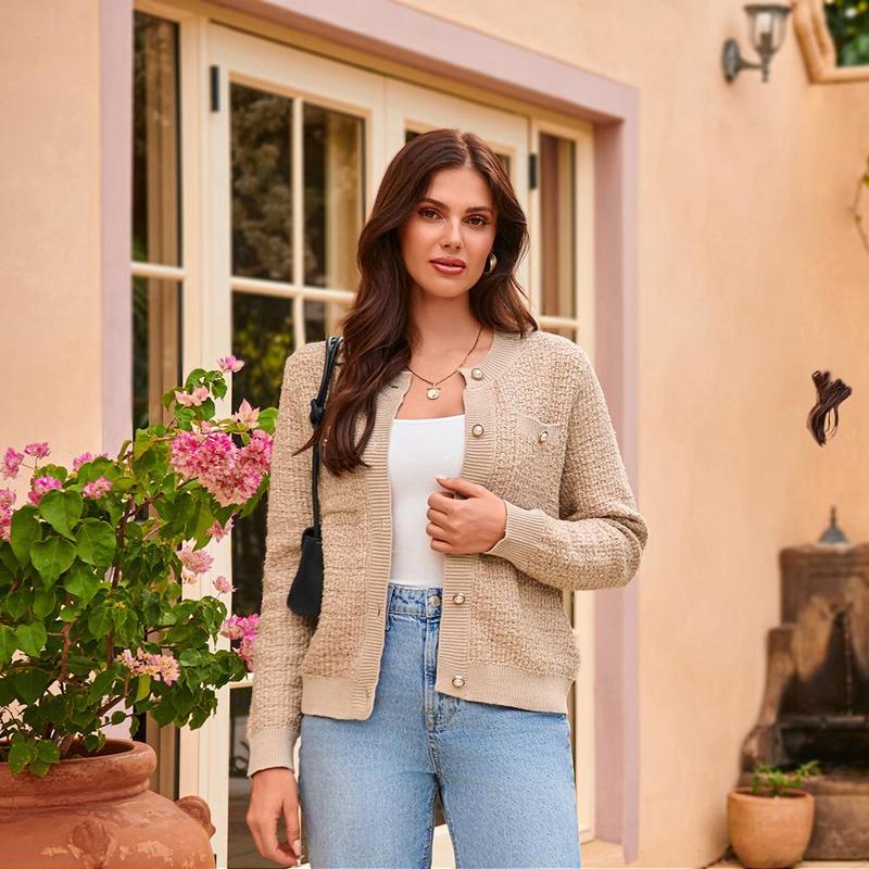 GRACE KARIN Womens Open Front Button Down Long Sleeve Texture Knit Cardigan Sweaters with Pockets