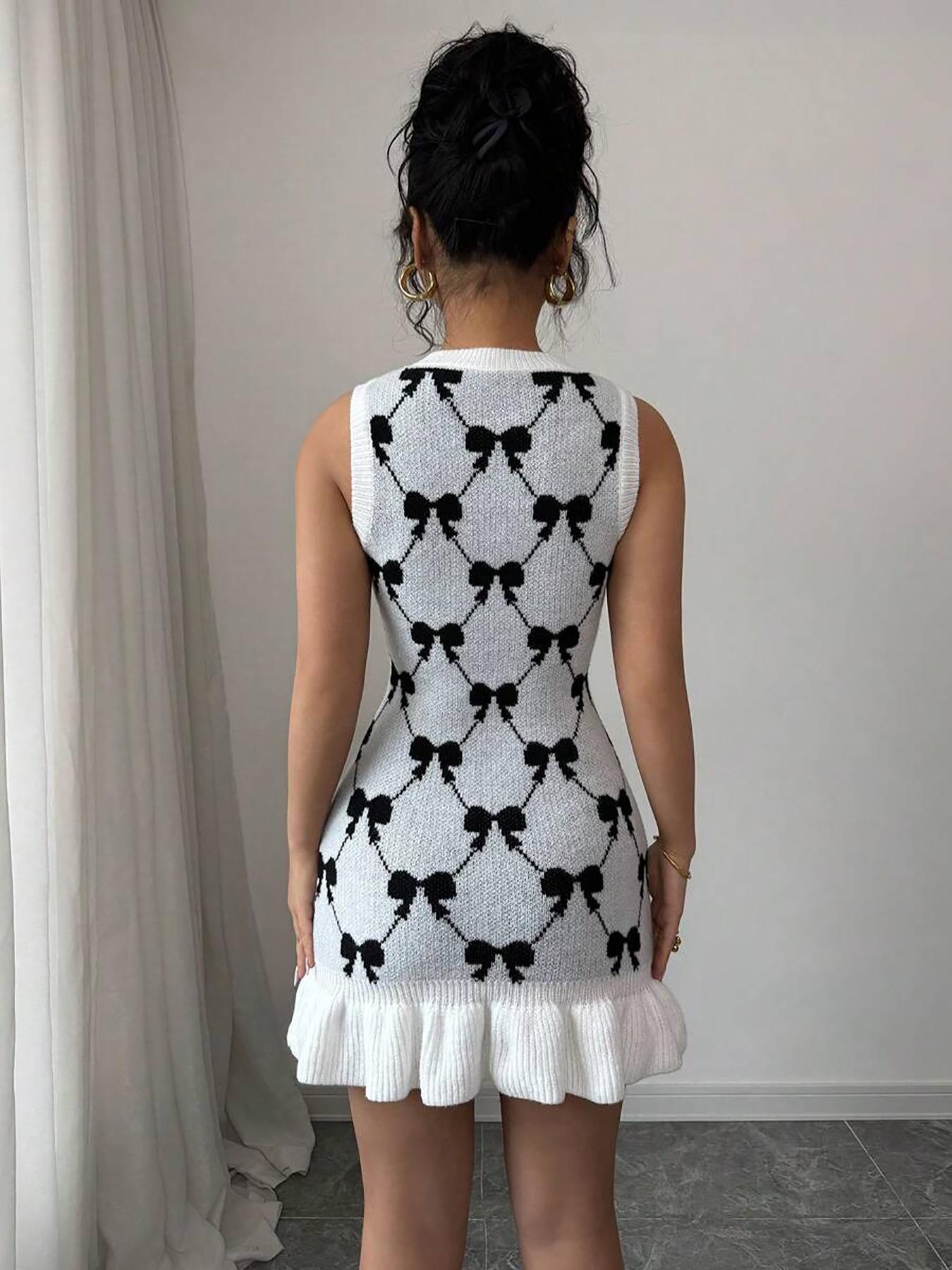 Women's Bow Print Ruffle Hem Sweater Dress, Sleeveless Round Neck Knit Casual Chic Fitted Elegant Dress for Summer, Fashion Women's Dress for Daily Wear, Casual Summer Chic Womenswear