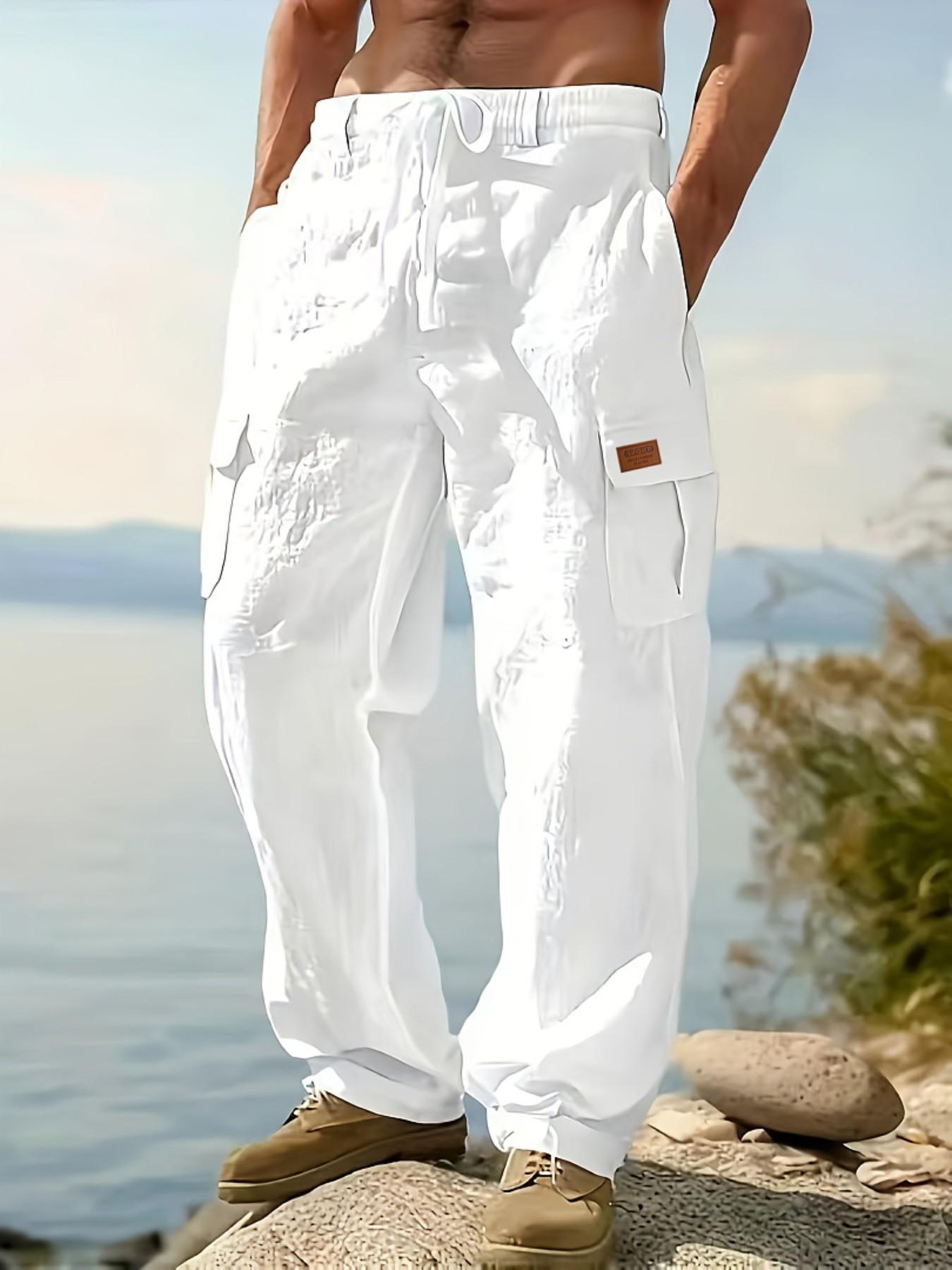 Men's Linen Cargo Pants with Drawstring Waist, Multiple Pockets, Straight Leg, Breathable Outdoor Beach Casual Long Pants
