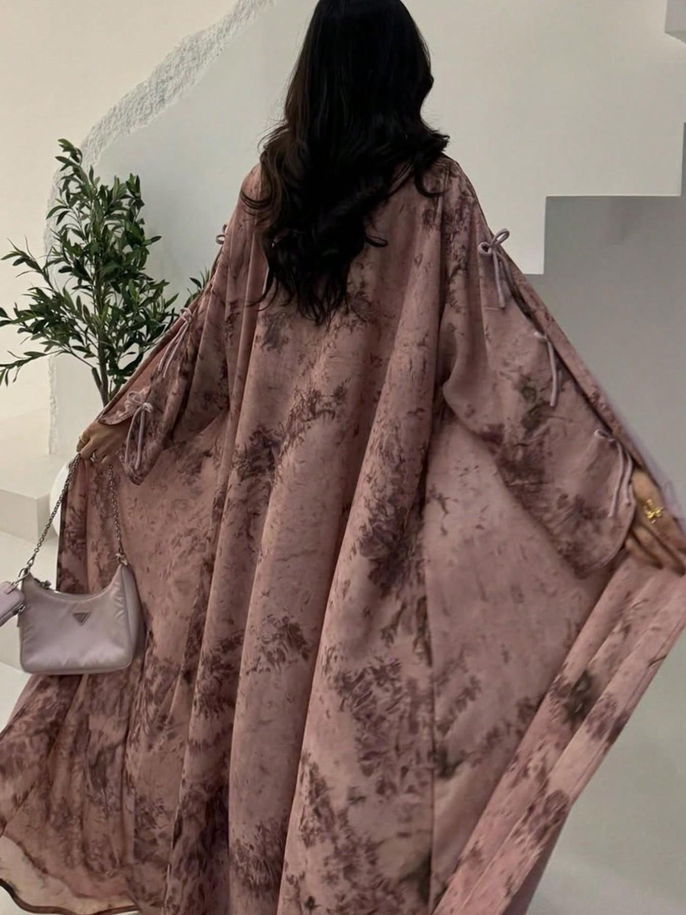Vintage All Over Print Floral Bow Decor Long Outerwear and Solid Color Scarf Set, Lightweight Chiffon Fabric, Aesthetic Casual Women's Two-Piece Set for All Seasons