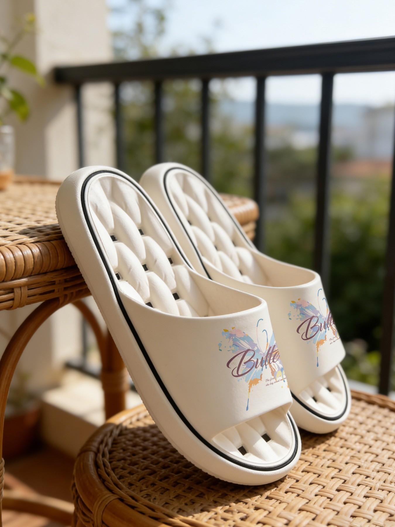 1 Pair Watercolor Butterfly Themed Printed Hollow Massage Thick Sole Slippers, Gentle Fresh Style, Non-slip Soft Sole, Quick-dry for Bathroom, Indoor & Outdoor Dual-use, Open Toe Slides, Bathroom Casual Slippers