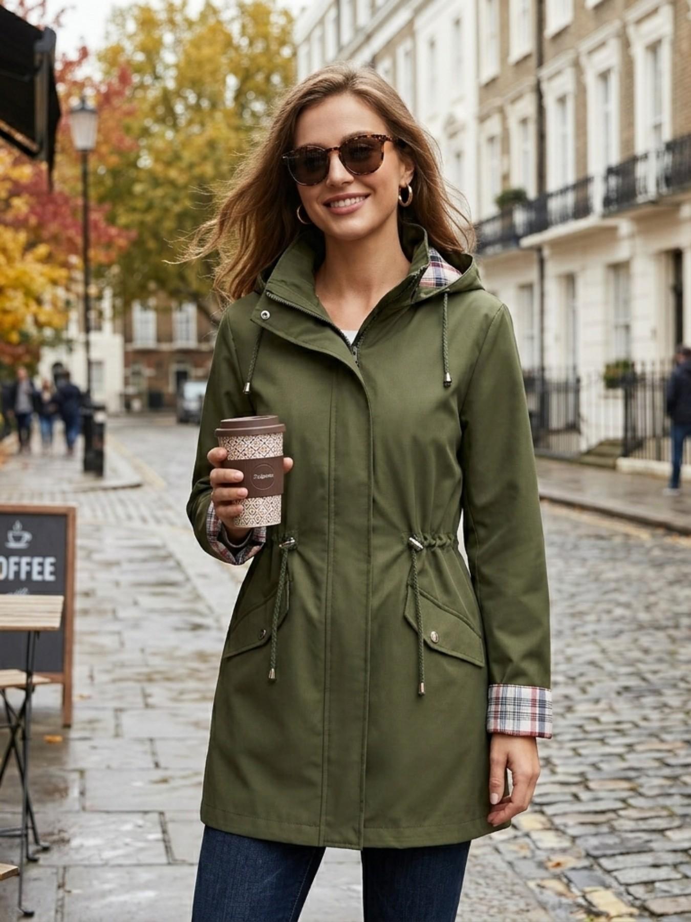 Women's Solid Color Drawstring Zip Up Hooded Trench Coat Raincoat, Casual Long Sleeve Waterproof Windproof Breathable Outerwear for Spring & Fall, Ladies Clothes for Daily Wear
