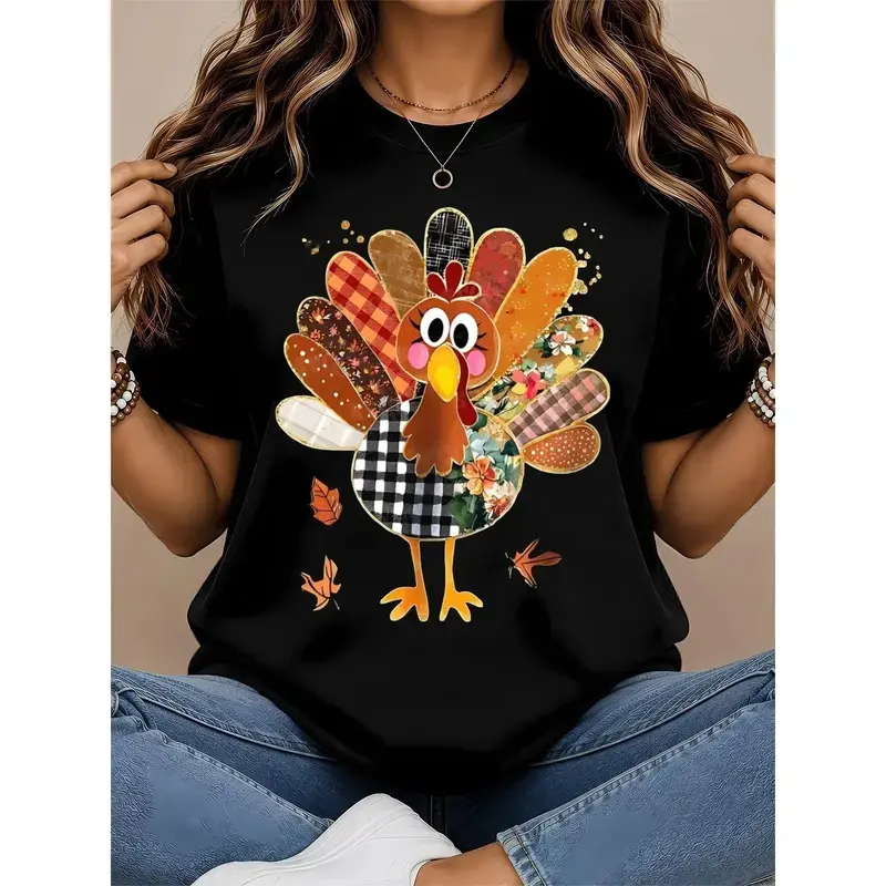 Thanksgiving Patchwork Turkey Shirt for Women, Cute Mixed Print Turkey Maple Leaf Graphic Tshirt, Fall Harvest Casual Tee, Vacation Daily Commute Top