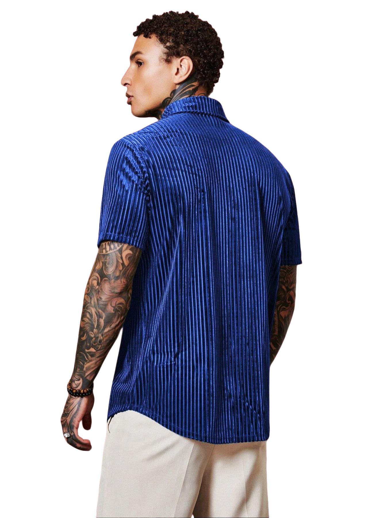 Men's Velvet Drawstring Gemstone Blue Short Sleeve Shirt, Plaid Fabric, Soft Comfortable Material, Casual Style, All Seasons