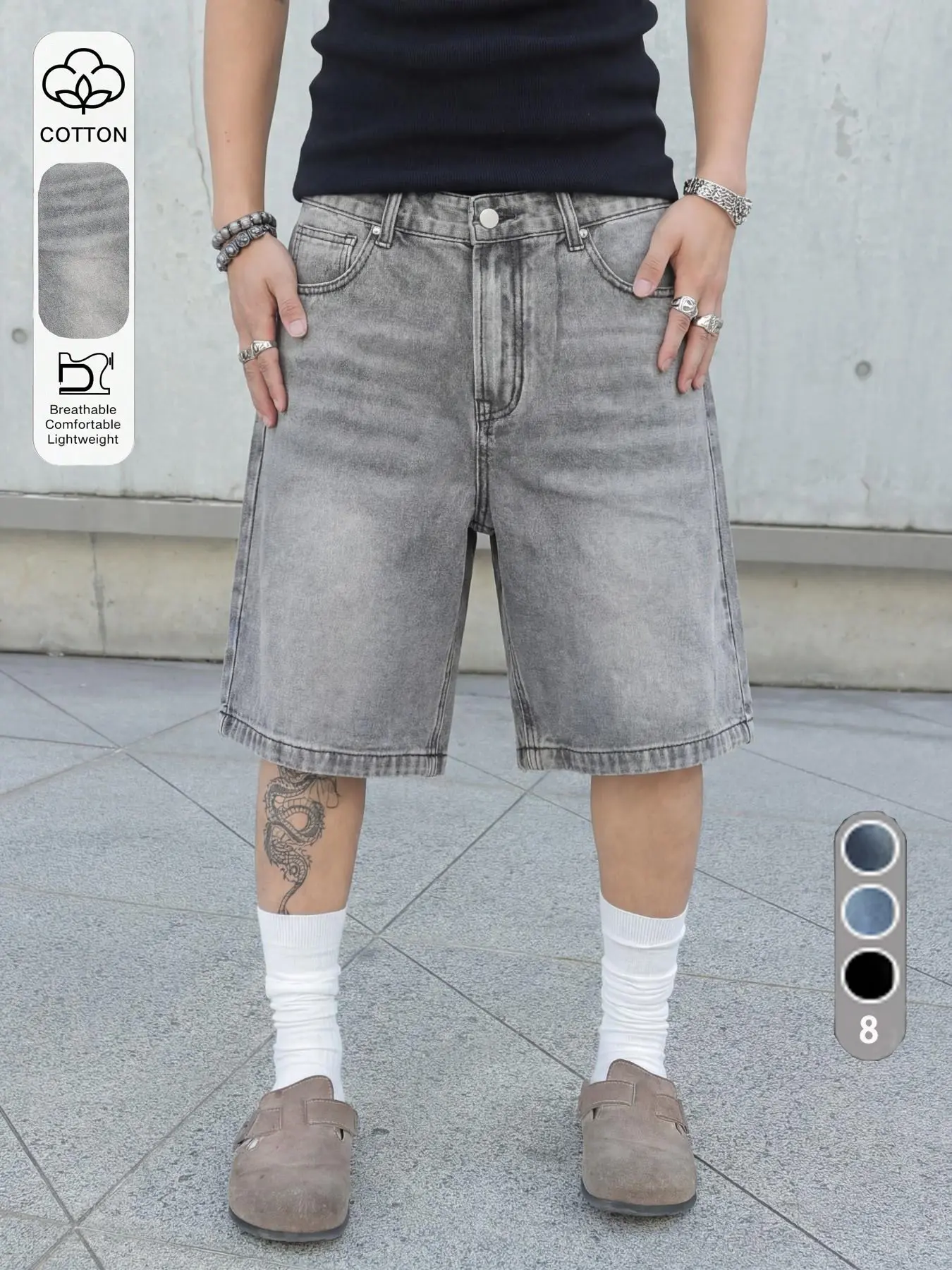Men's Casual Loose-Fit Oversized Wide-Leg Denim Jean Shorts, Denim Look, Solid Color Pocket Design, Versatile All-Season Streetwear