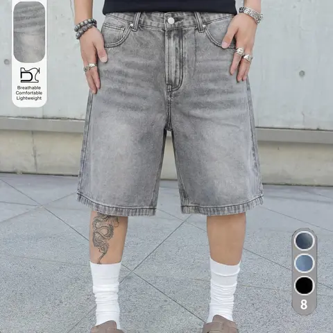 Men's Casual Street Style Loose-Fit Oversized Wide-Leg Denim Jean Shorts, Solid Color Pocket Design, Versatile All-Season Streetwear
