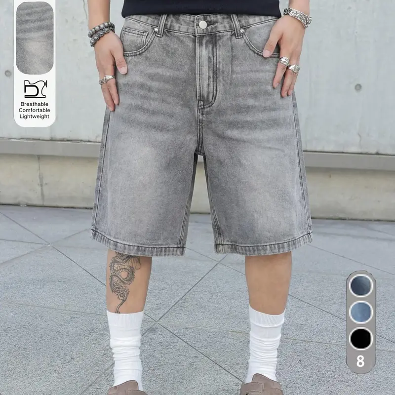 Men's Casual Street Style Loose-Fit Oversized Wide-Leg Denim Jean Shorts, Solid Color Pocket Design, Versatile All-Season Streetwear