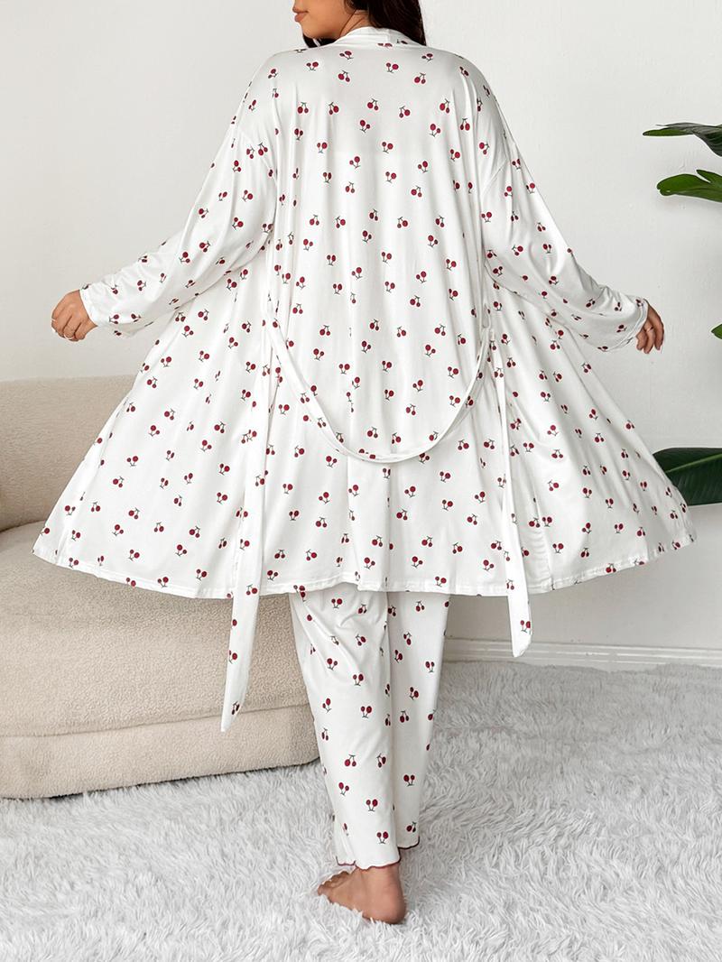 Plus Size Cherry Print Women's Sweet Comfortable Belted Robe Set, Sleeveless Long Pants Three-Piece Sleepwear, Casual Home Wear