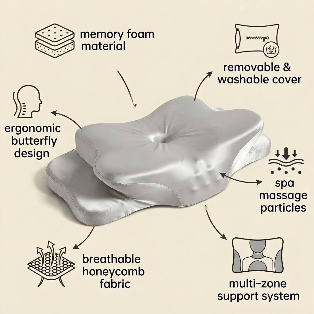 WKEFF Ergonomic memory foam pillow, butterfly-shaped cervical pillow specially for sleep, slow rebound headboard pillow, suitable for side sleepers, back sleepers and stomach sleepers, soft and washable pillowcase