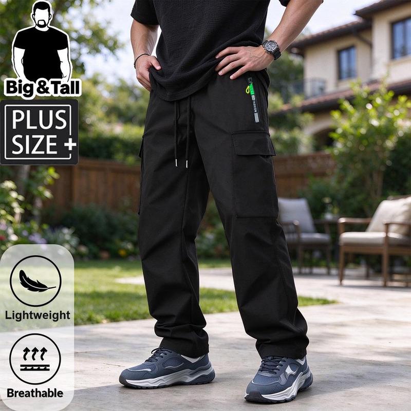 Men's Plus Size Loose-Fit Polyester Sports Jogging Pants - Elastic Drawstring Waist, Breathable Outdoor Streetwear, Deep Pockets, Extended Inner Seam, Ideal for Fitness, Hiking
