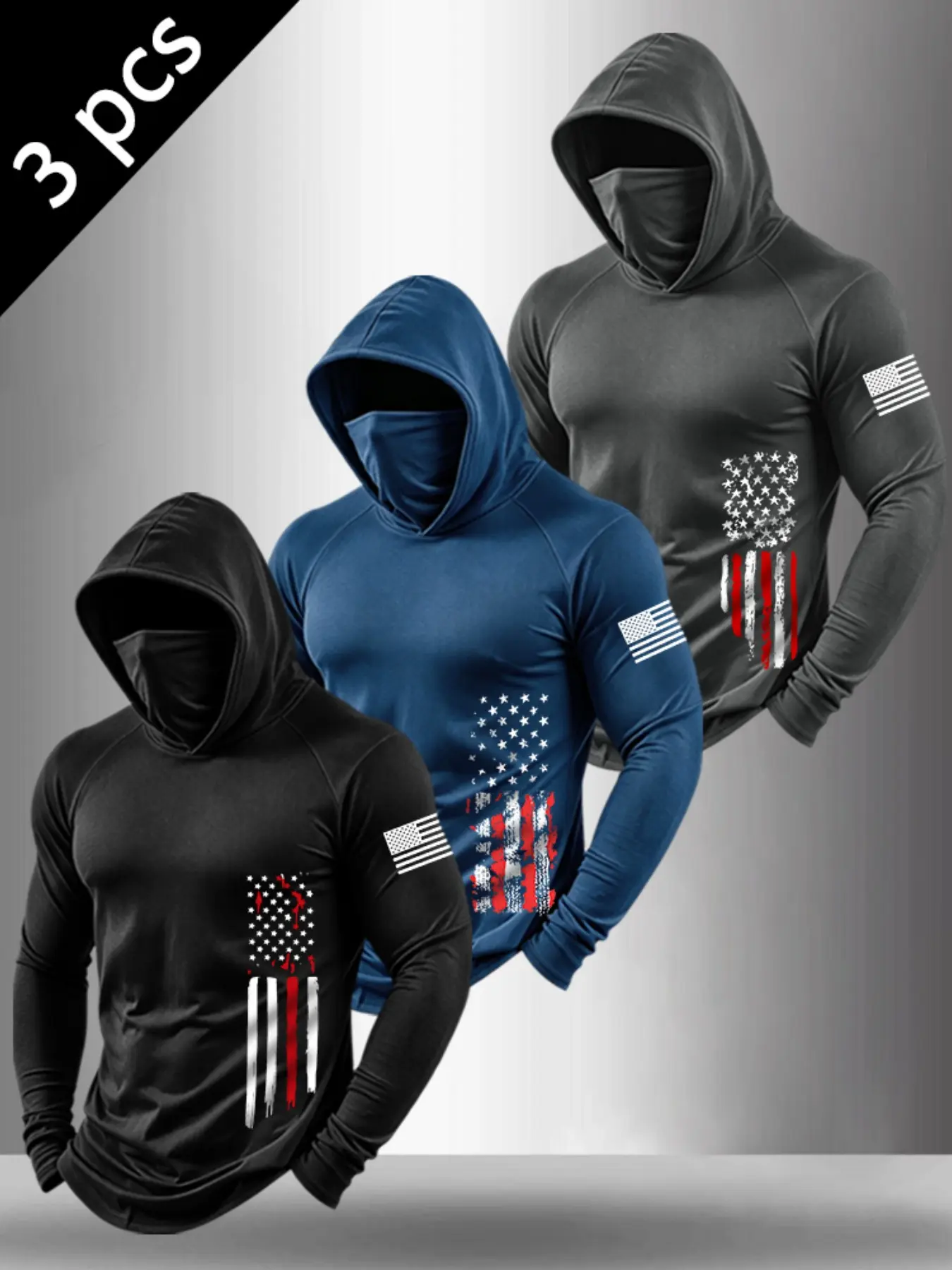 Men Bestseller 3 Pack Hooded Face Cover Integrated Long Sleeve Shirts, Vintage American Flag Graphic Print Tactical Outdoor Training Tops, Gym Outdoor Wear#MensTacticalTop #AmericanFlagPrint #HoodedWithFaceCover #MensOutdoorWear #GraphicTee #MensFitness