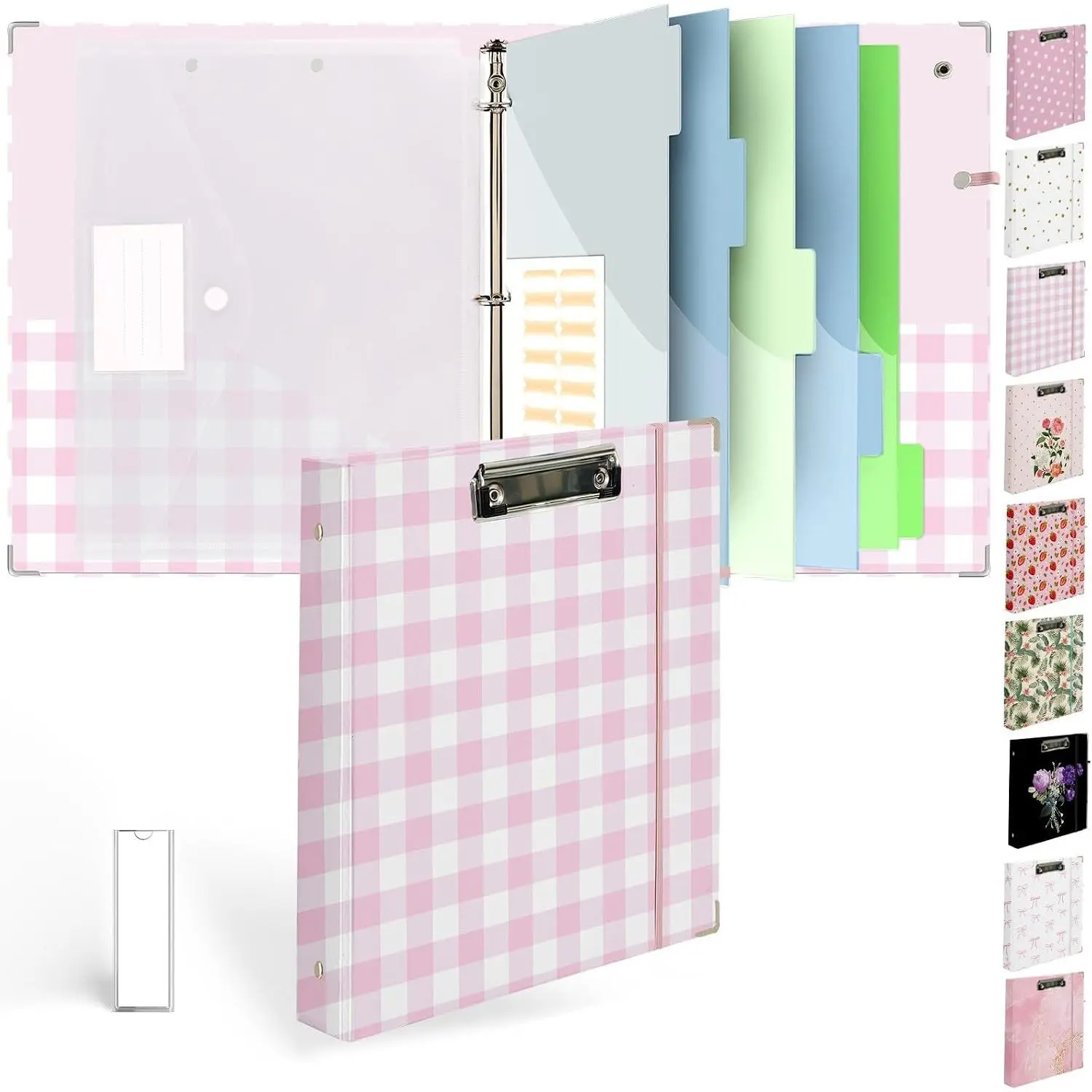 3 Ring Binder 1 inch with Clipboard -  & White Grid Design, Includes Dividers, File Bag &  Label - Ideal for Students and Professionals, Holographic  Film