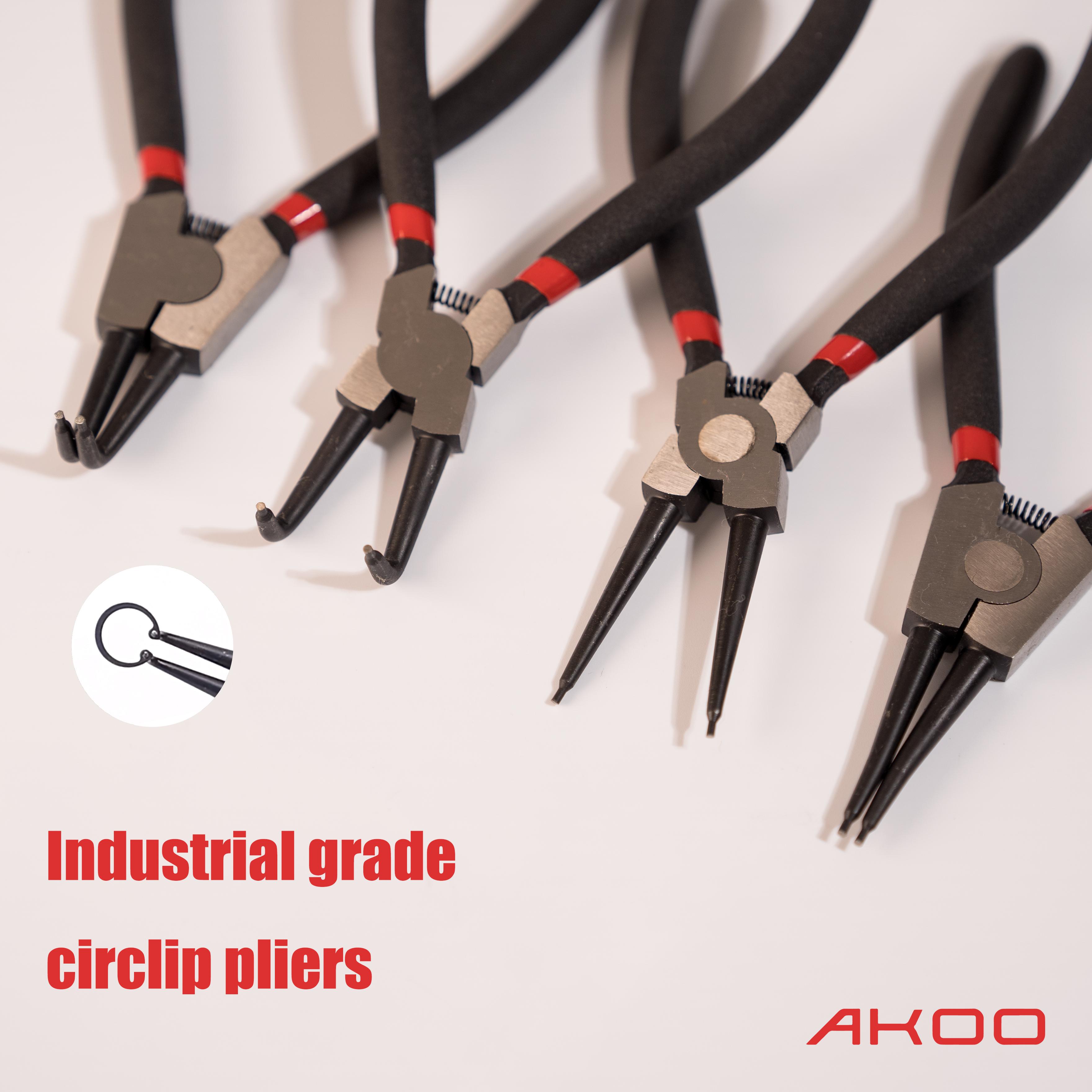 AKOO Snap Ring Pliers Set, 4pcs 7" Internal/External Circlip Pliers Kit with Straight/Bent Jaw, Heavy Duty Precision Spring Loaded Pliers for Ring Remover Retaining and Remove Hoses, Gaskets，Ring Remover Retaining