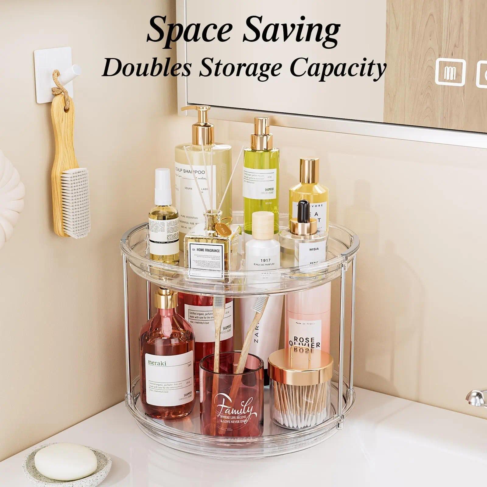 2-Tier Rotating Makeup Organizer, Lazy Susan Perfume Organizer Bathroom Organizer, Spinning Skincare Organizer, Cosmetic Display Case with Brush Holder Perfume Tray, Multi-Function Storage Carousel for Vanity Bathroom Countertop