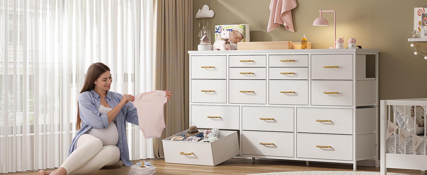 【SpringGlowUp】Raybee Furniture TV Stand with 16 Storage Drawers & Power Outlet, Heavy Duty Metal Frame & Wood Top Media Console, Large Entertainment Center for Living Room, Bedroom, Closet, Modern Home Decor Storage Cabinet Organization for Small Space