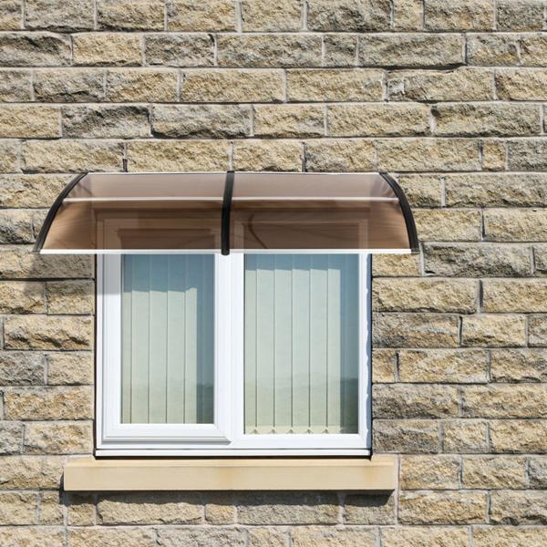 Window Awning Door Canopy, Modern Polycarbonate Front Door Canopy, Patio Awning Canopy Window Door Cover for Rain Snow Sunlight Protection Hollow Sheet (80" x 40", Brown Canopy/Black Bracket)