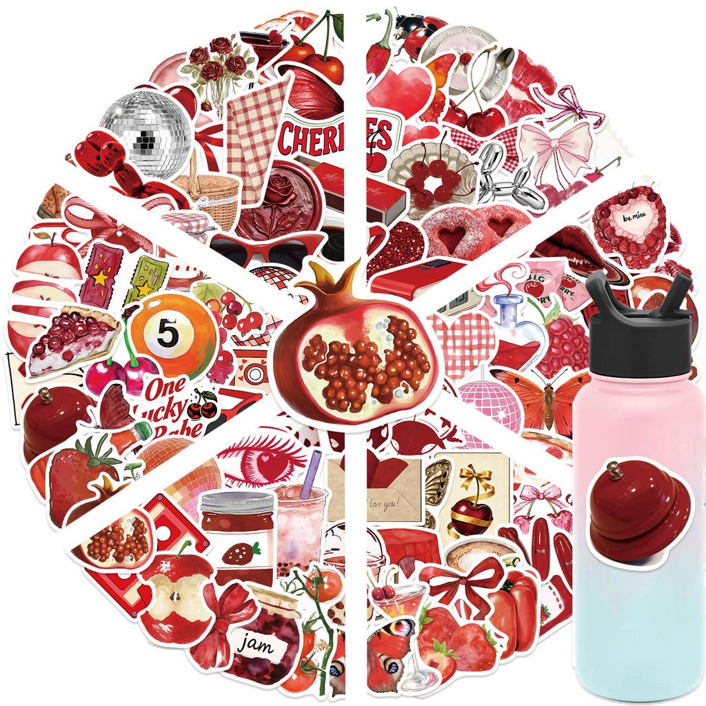 100Pcs Red Cherry Girl Retro Aesthetic Graffiti Stickers Waterproof PVC Decals for Guitar
