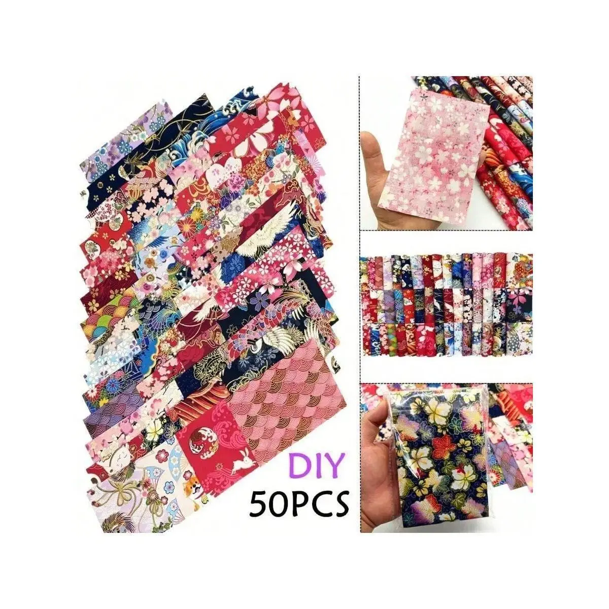 50 Pieces of Japanese Cotton Fabric Squares, Pre-Cut Geometric Pattern Fabric, for Quilting, Sewing, DIY Crafts,