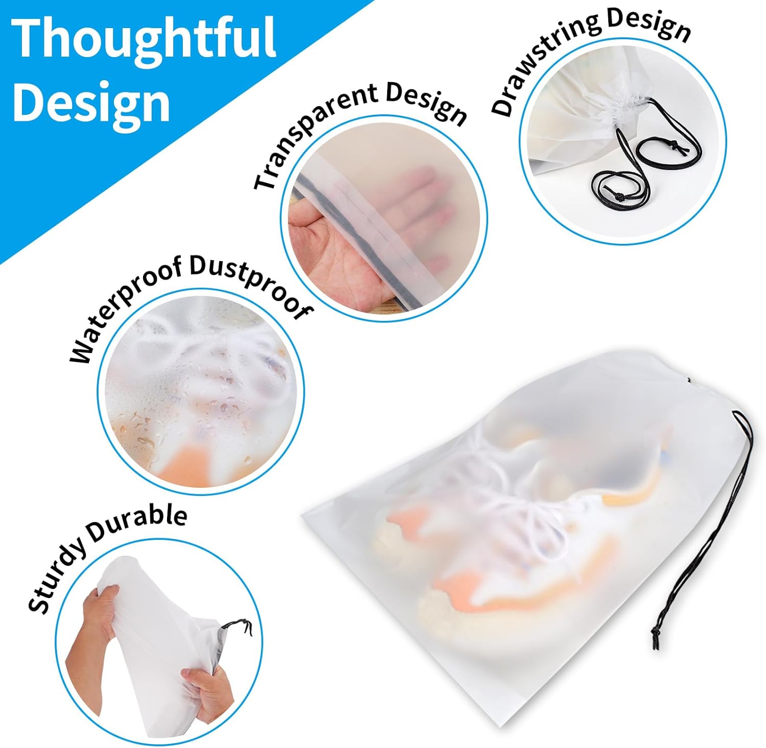5 Pack Clear Drawstring Shoe Storage Bags, Waterproof Transparent Travel Shoe Pouches 15.7 x 11.8 Inch, Dust-Proof Portable Shoe Organizer Bags for Men Women, Gym, Trips, Luggage Packing, Closet Storage and Daily Shoe Arrangement