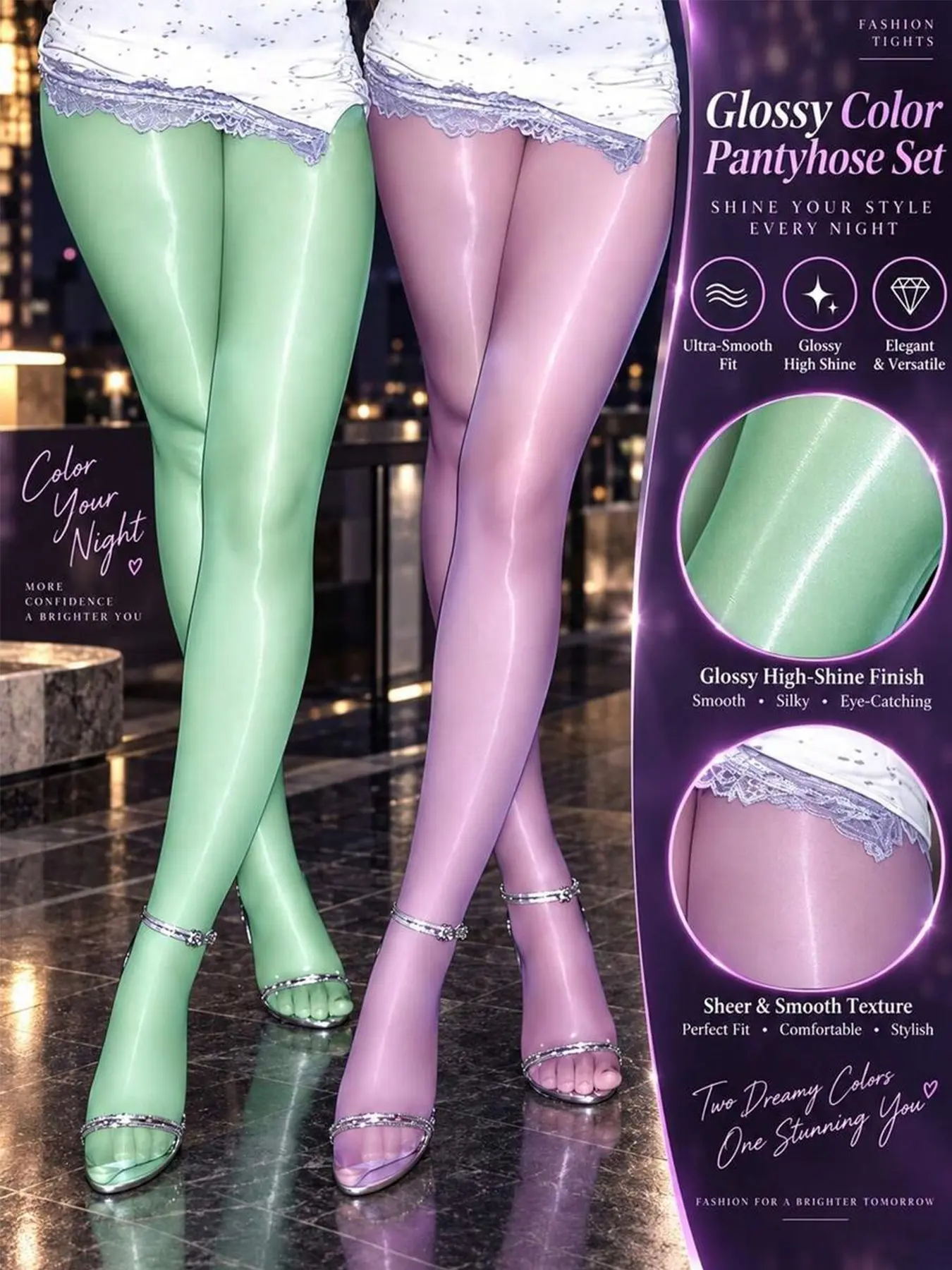 2-Pack Women's Sheer High-Gloss Pantyhose Set, Mint Green & Lavender Color, Smooth Stretchy Fashion Stockings, Party, Date, Daily Wear