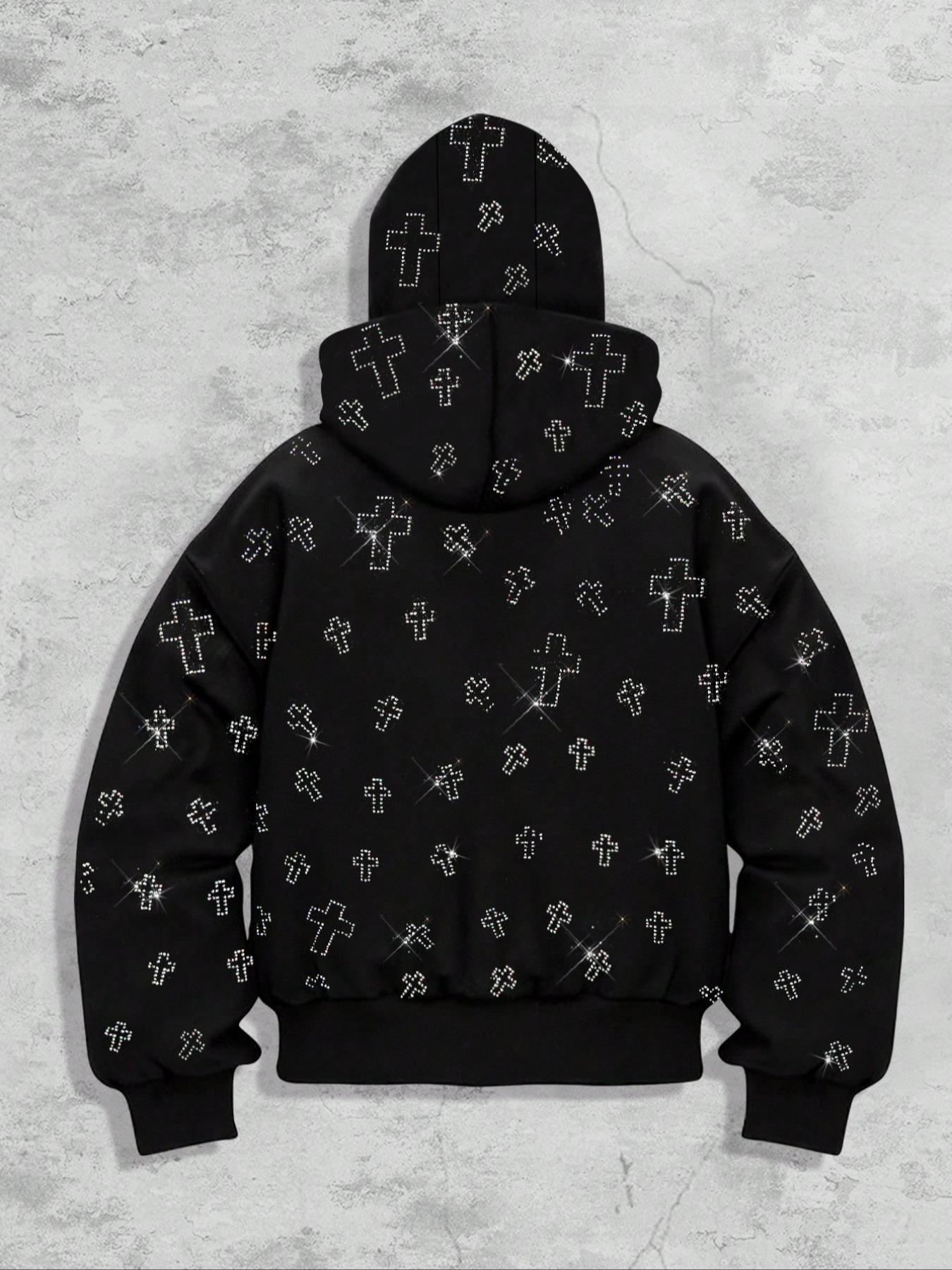 Men's Street Style Rhinestone HooMen's Street Style Rhinestone Hooded Sweatshirt, Pocket and Zip Design, Fall & Winter Wear, Geometric Pattern, Fitted Fitded Sweatshirt, Pocket and Zip Design, Fall & Winter Wear, Geometric Pattern, Fitted Fit