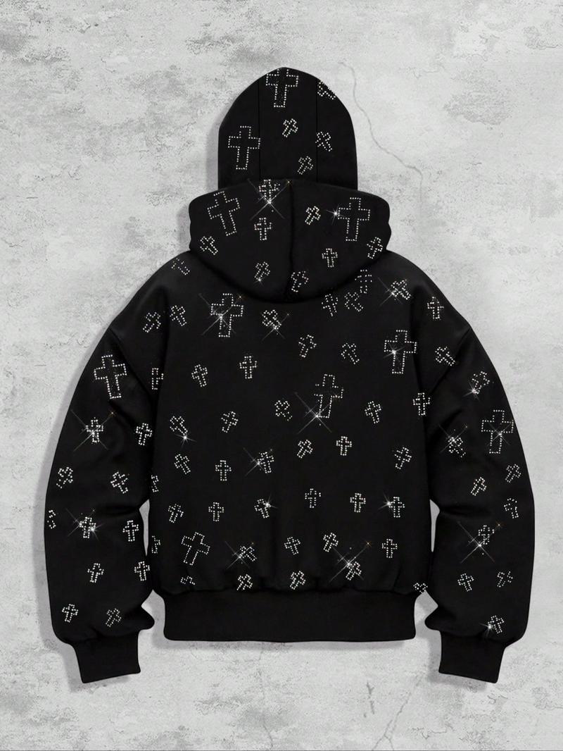 Men's Street Style Rhinestone HooMen's Street Style Rhinestone Hooded Sweatshirt, Pocket and Zip Design, Fall & Winter Wear, Geometric Pattern, Fitted Fitded Sweatshirt, Pocket and Zip Design, Fall & Winter Wear, Geometric Pattern, Fitted Fit