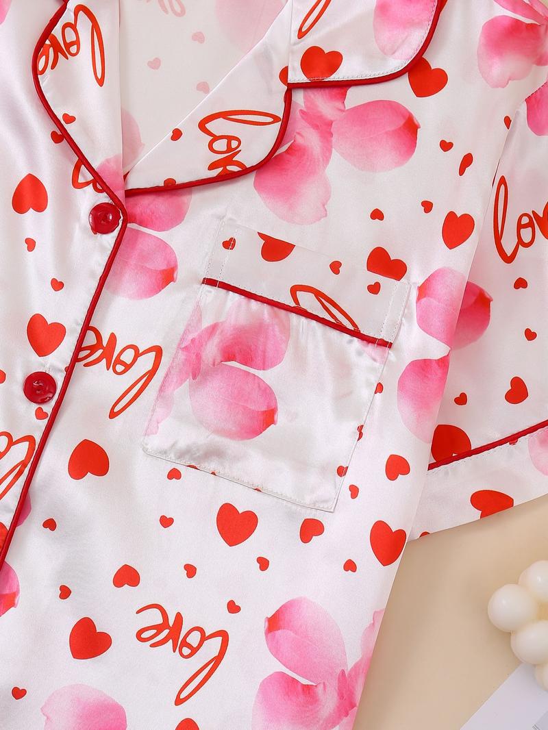 Women's Floral Heart Pattern Two-Piece Sleepwear Set, Button Front Short Sleeve Top and Elastic Shorts, Valentine's Day Elegant Homeewear