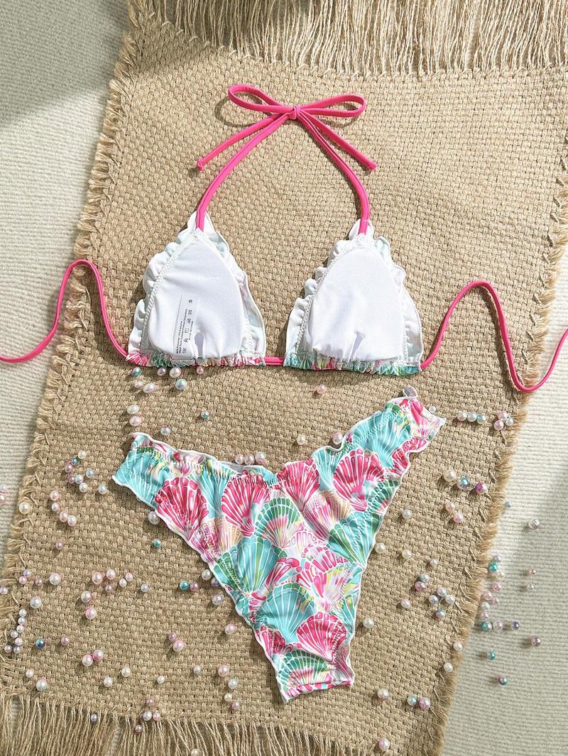 Women's Triangle Bikini Set Ruffles Spaghetti Strap High Cut Ruffle Trim Swimsuit Ditsy Floral Lace Up Two Piece Bathing Suits