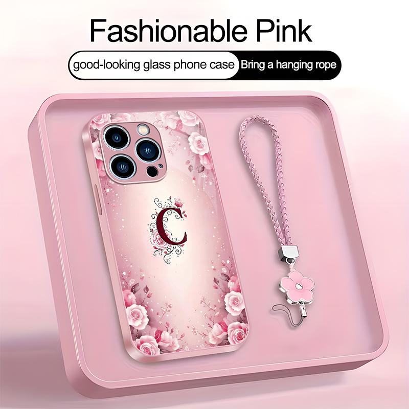 Suitable for [iPhone 15 Pro Max] high-end women's phone case🤩，a beautiful four-leaf clover lanyard is included🍀，a free four-leaf clover lanyard is included, with 26 letters of the alphabet to choose from and  exquisite Rose flower patterns 952
