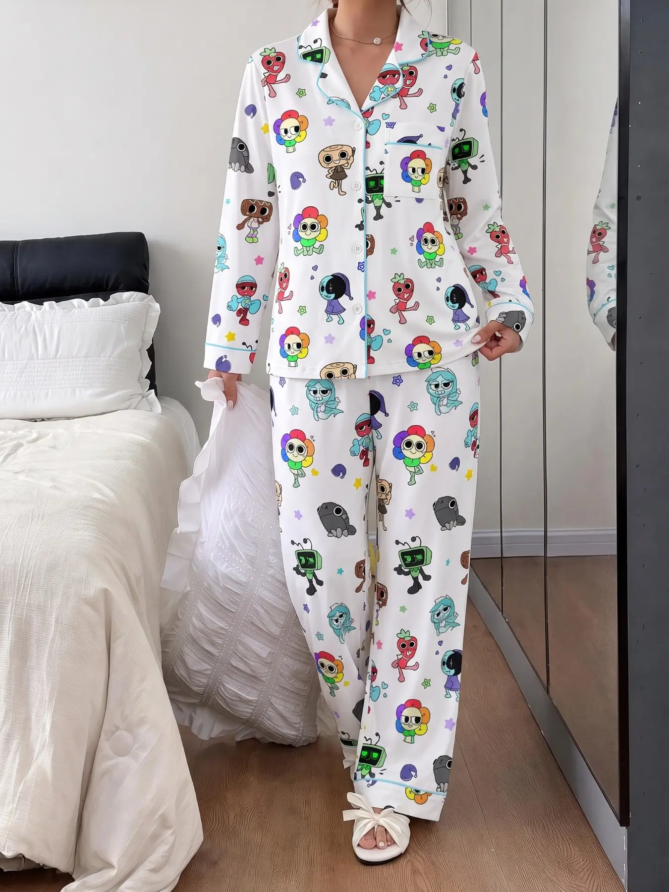 Spring Autumn Women's Pajama Set, Long Sleeve Collared Top and Loose Pants, Dandy World Stars Print, Casual Home Wear