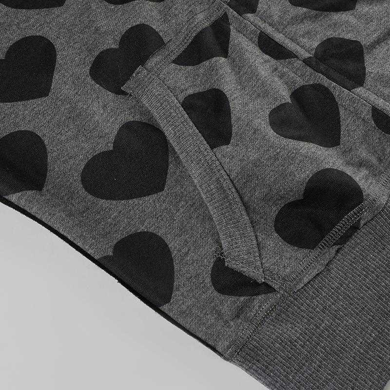 Vintage Y2K Aesthetic Slim Fit Heart Print Zipper Short Jacket, Street Style Casual Hooded Sweatshirt Coat with Pockets, Fashion Fitted Outerwear