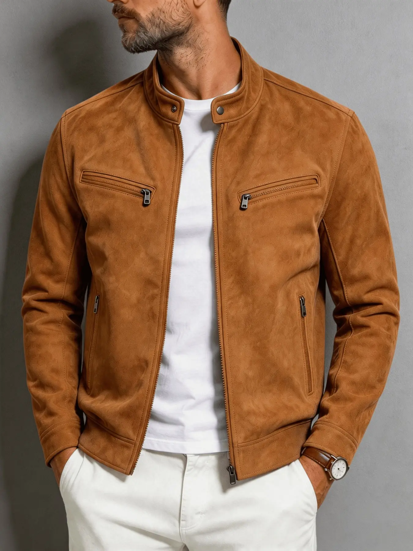 Men's Faux Suede Jacket, Stand Collar Full Zip Slim Fit Motorcycle Coat, Lightweight Fabric Outerwear with Zip Pockets, Casual Riding Outerwear for Spring Fall