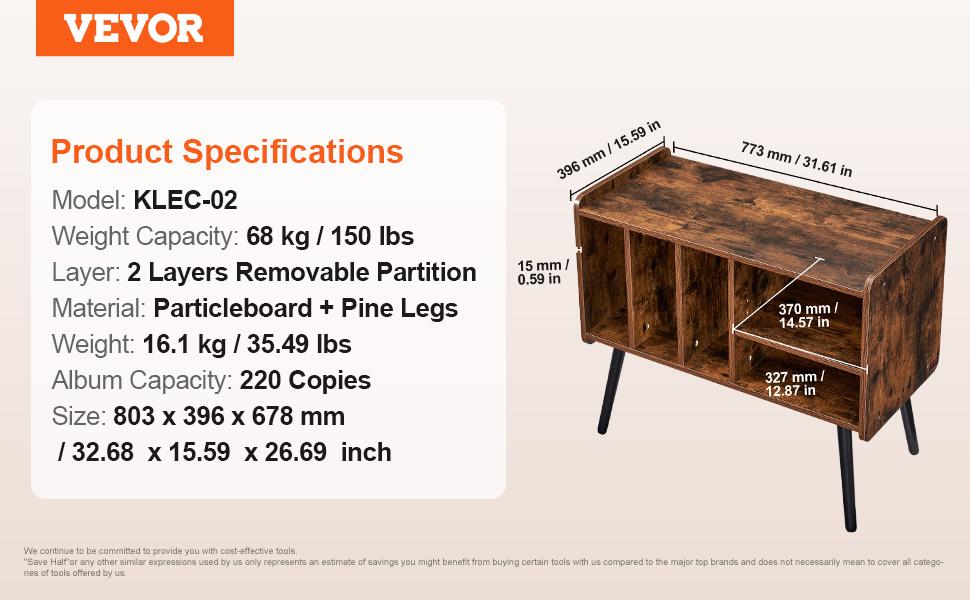 VEVOR Record Player Stand, Turntable Stand Holds Up to 220 Albums, Vintage Vinyl Record Cabinet with Removable Shelves, Record Player Table with Adjustable Height for Living Room, Bedroom, Brown