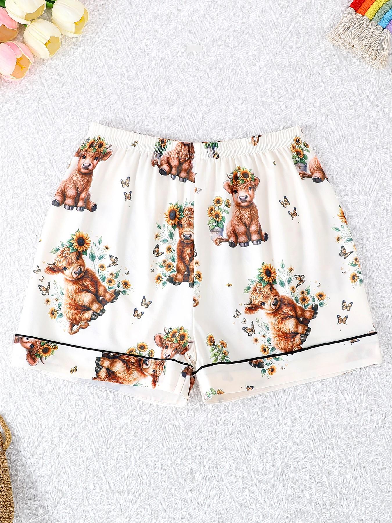 2-Piece Kids' Fire-Resistant Pajama Set, Short Sleeve Button Front, Cartoon Pattern, All Seasons, Casual Loose-Fit, Boys & Girls