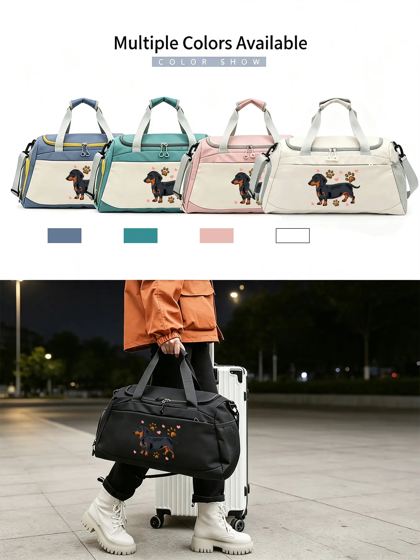 Dachshund Print Large-capacity Tote Bag, Stylish Fitness Crossbody Bag, with A Separate Shoe Compartment, Color-block Design, Suitable for Travel/fitness/vacation.
