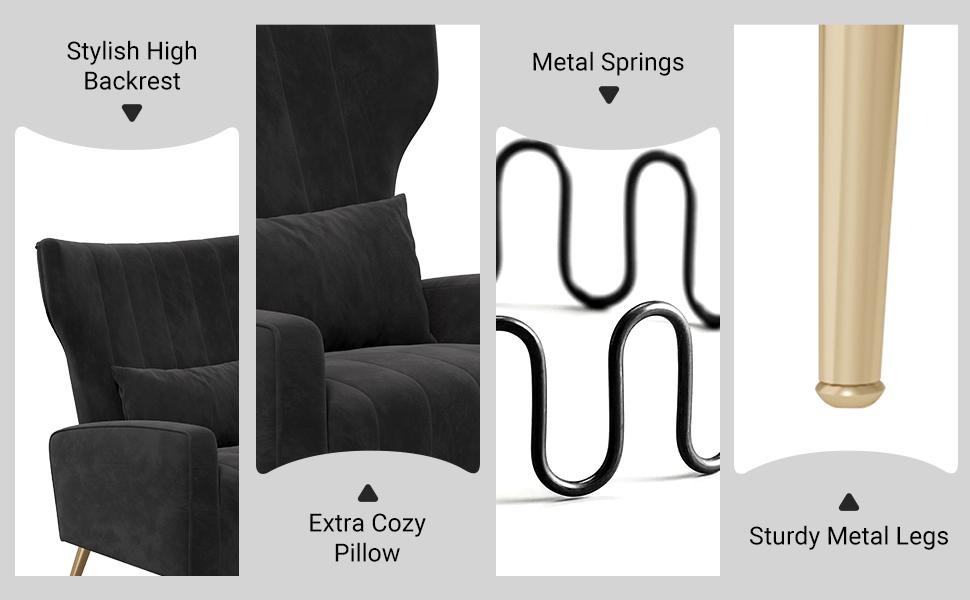 Velvet Accent Chair Wingback for Living Room, High Back Arm Chair with Golden Legs Lumbar Pillow, Upholstered Single Sofa Bedroom Beige