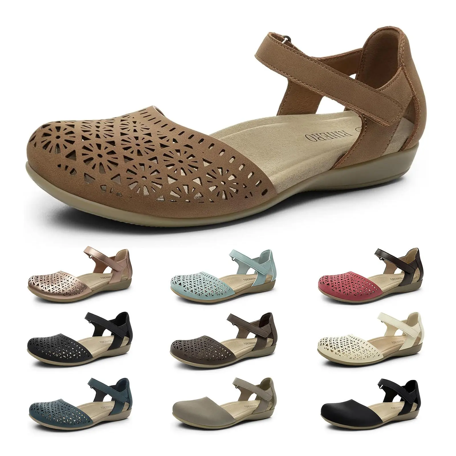 Rihero Orthopedic Closed-Toe Flat Shoes for Women - Elegant Classy Sandals with Breathable Hollow-Out Design, Comfy Arch Support, Adjustable Strap, Non-Slip Sole - Ideal for Work, Vacation