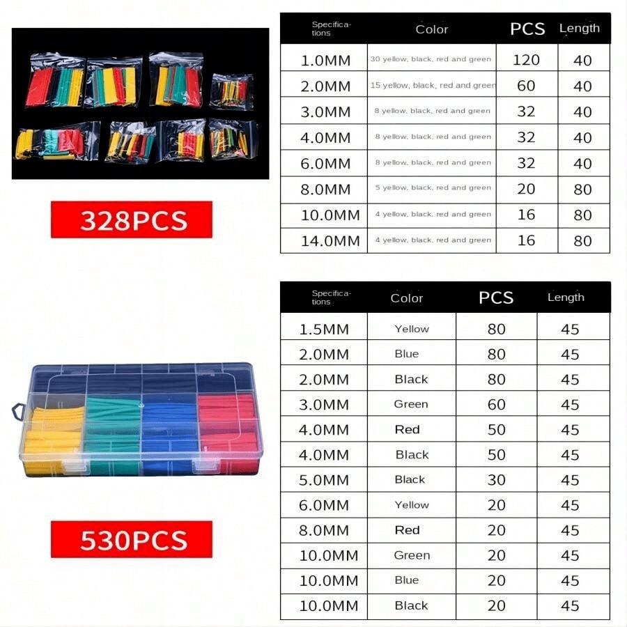 High-Temperature Resistant Heat Shrink Tubing, 127/164/328/530pcs, Phone Data Cable Protector, Automotive Industrial Appliance Use