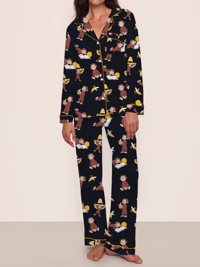 Cute Monkey Pajama Set for Women, Long Sleeve & Pants, Elastic Waist, Comfortable Christmas Gift, Fall Winter Home Wear
