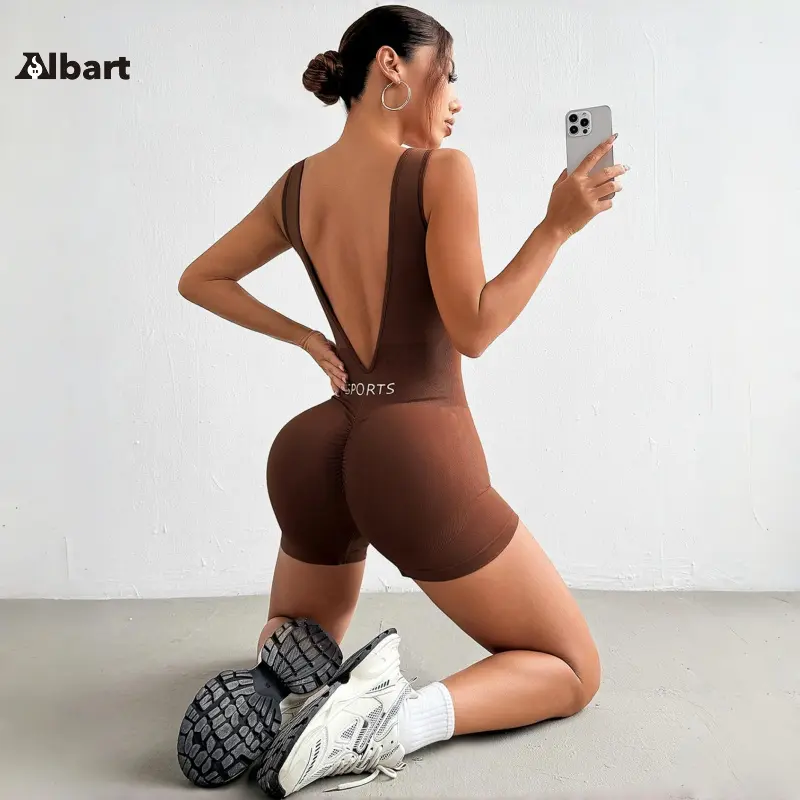 Women Seamless Sleeveless Workout Bodysuit, Deep V Open Back Sports Letter Print One Piece Short Unitard, High Stretch Scrunch Butt Lifting Tummy Control Athletic Romper For Yoga, Pilates, Gym Training And Daily Casual Wear